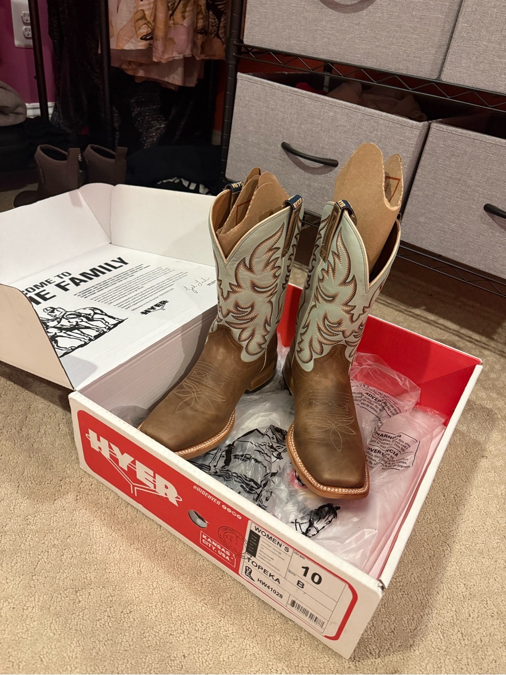 HYER Brown Leather Western Boots with Light Blue Embroidered Shaft